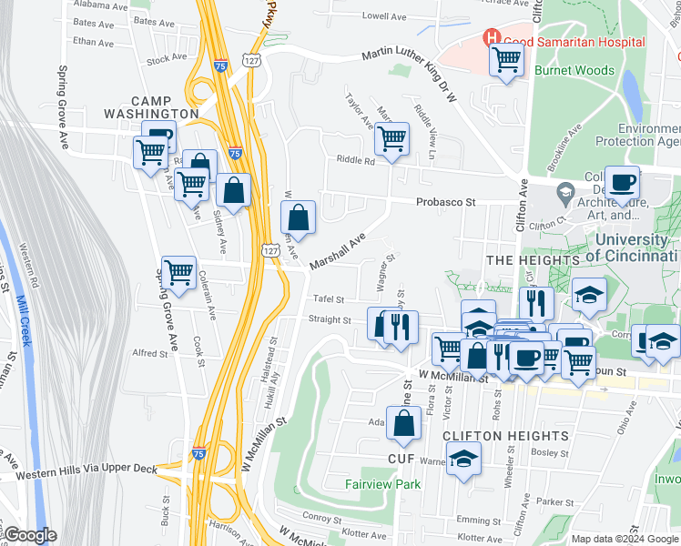 map of restaurants, bars, coffee shops, grocery stores, and more near 2753 Enslin Street in Cincinnati
