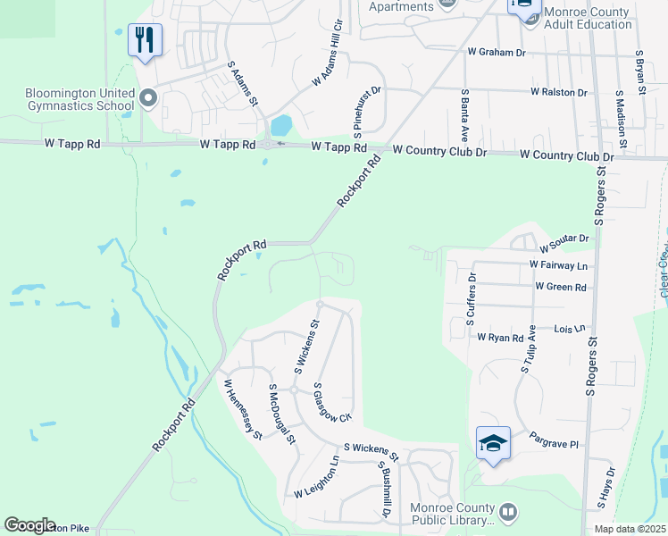 map of restaurants, bars, coffee shops, grocery stores, and more near 1122 West Rangeview Circle in Bloomington