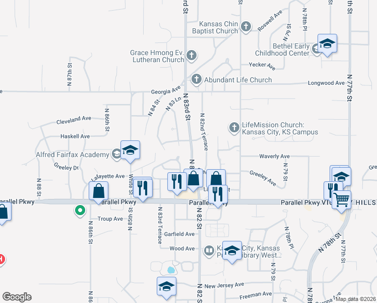 map of restaurants, bars, coffee shops, grocery stores, and more near 2311 North 83rd Street in Kansas City