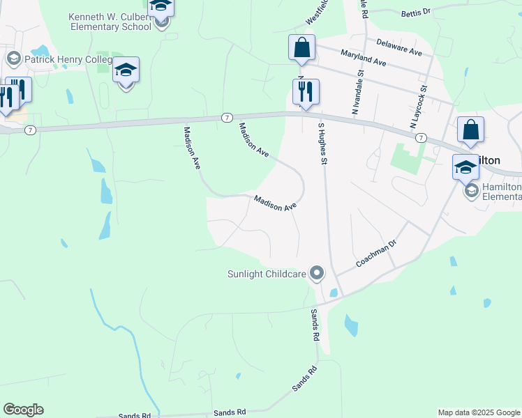 map of restaurants, bars, coffee shops, grocery stores, and more near 17582 Madison Avenue in Hamilton
