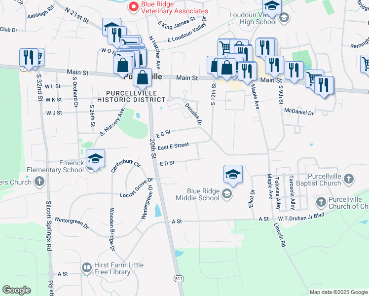 map of restaurants, bars, coffee shops, grocery stores, and more near 314 East E Street in Purcellville