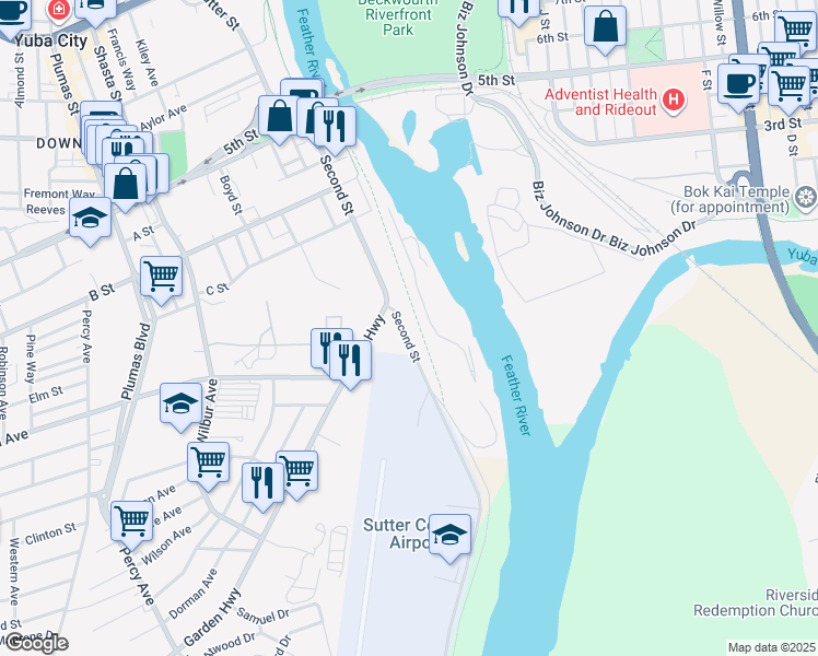 map of restaurants, bars, coffee shops, grocery stores, and more near 271 Second Street in Yuba City