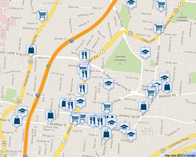 map of restaurants, bars, coffee shops, grocery stores, and more near 2923 Park Avenue in Cincinnati