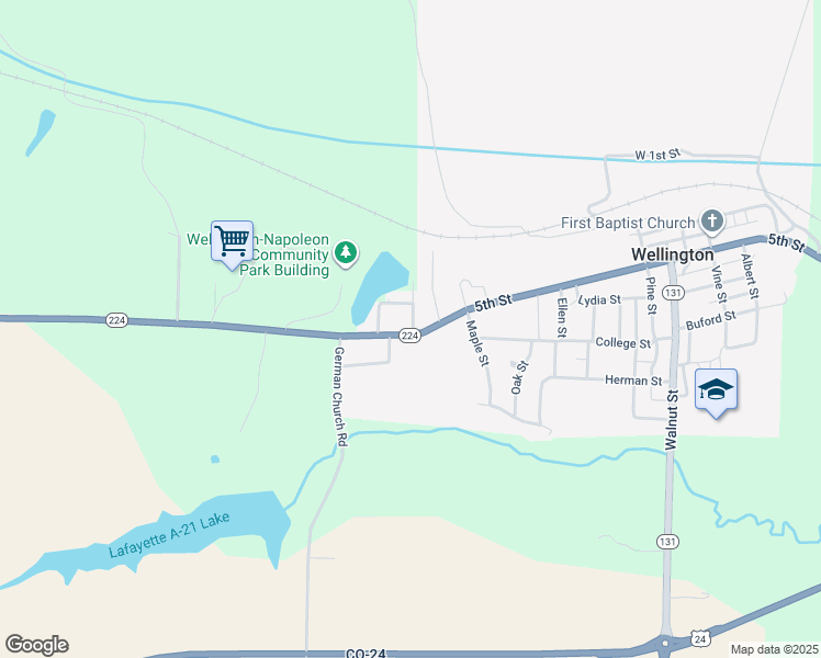 map of restaurants, bars, coffee shops, grocery stores, and more near 701 Missouri 224 in Wellington