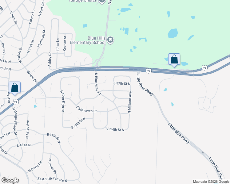 map of restaurants, bars, coffee shops, grocery stores, and more near 20301 East 16 Street North in Independence