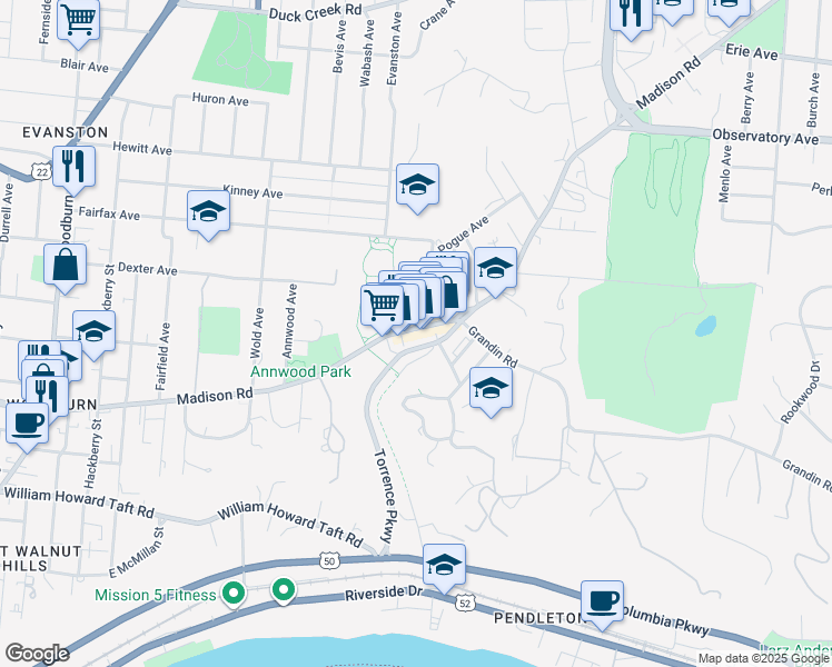 map of restaurants, bars, coffee shops, grocery stores, and more near 2025 Madison Road in Cincinnati