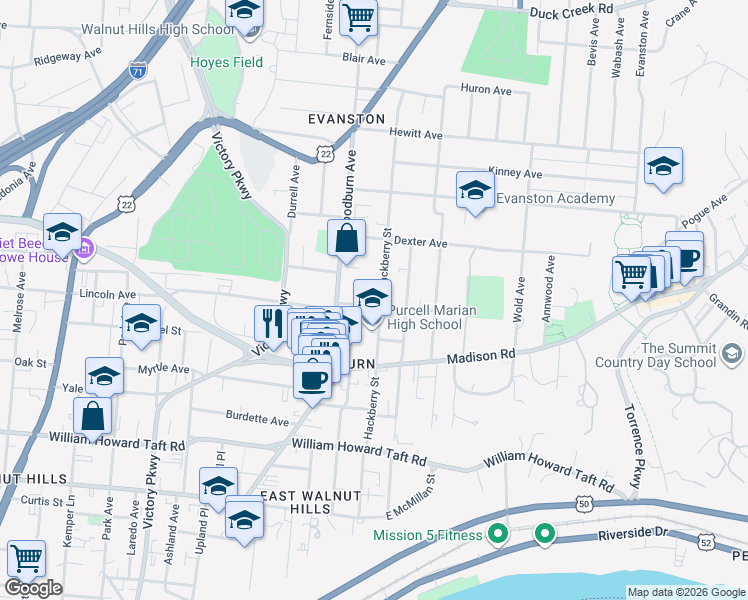 map of restaurants, bars, coffee shops, grocery stores, and more near 1622 De Sales Lane in Cincinnati