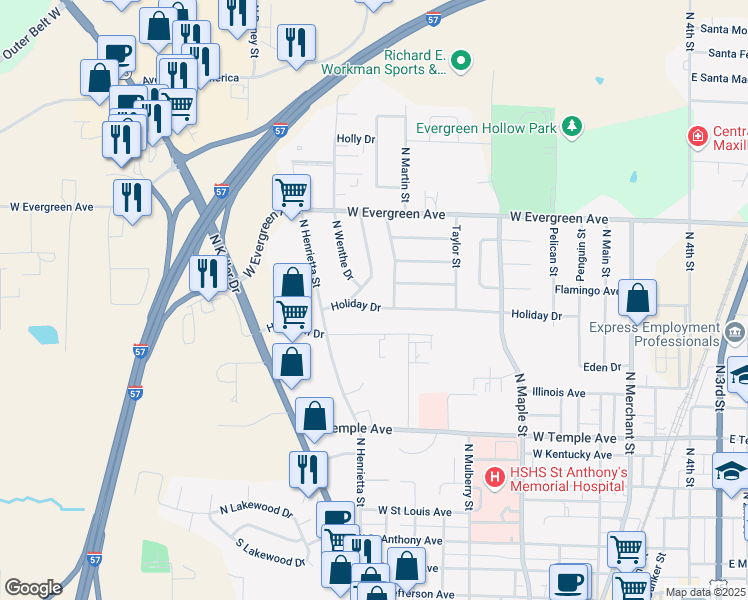 map of restaurants, bars, coffee shops, grocery stores, and more near 1104 Holiday Dr in Effingham