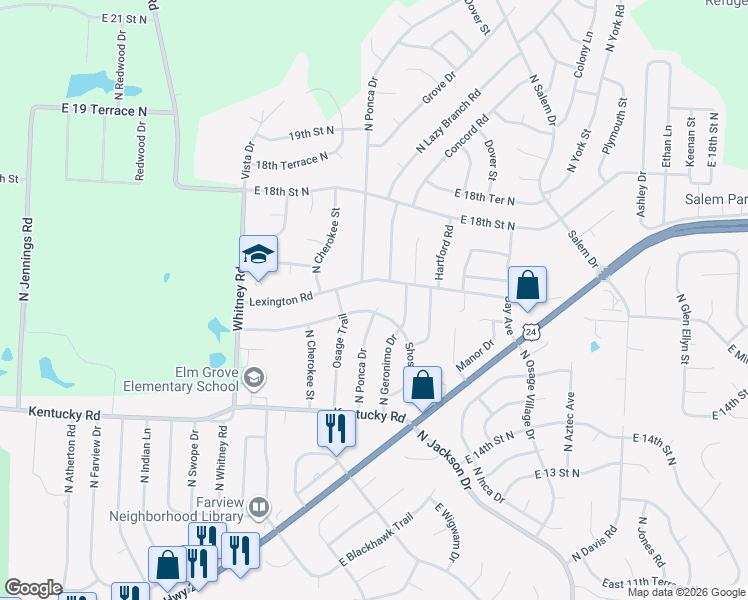 map of restaurants, bars, coffee shops, grocery stores, and more near 18500 Shoshone Drive in Independence