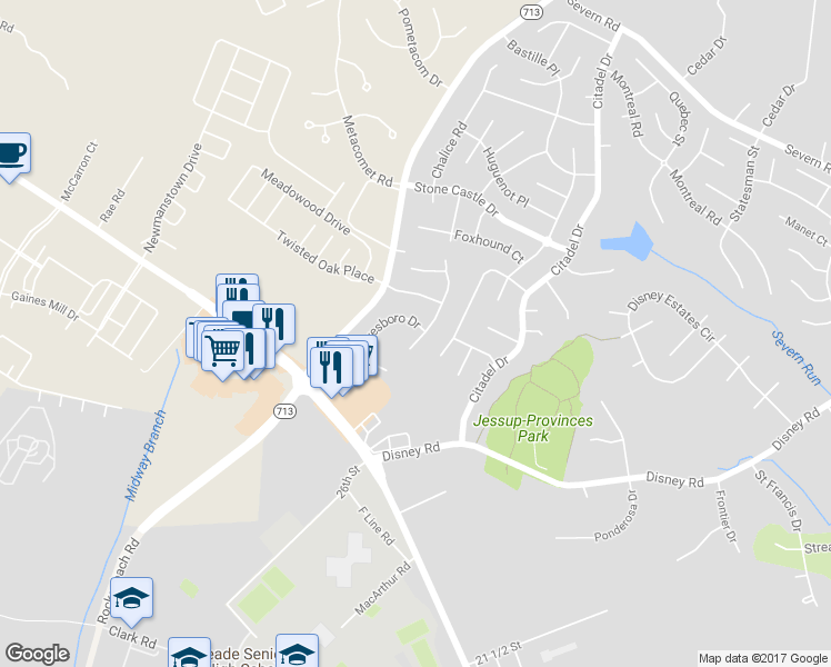 map of restaurants, bars, coffee shops, grocery stores, and more near 7952 Innkeeper Drive in Severn