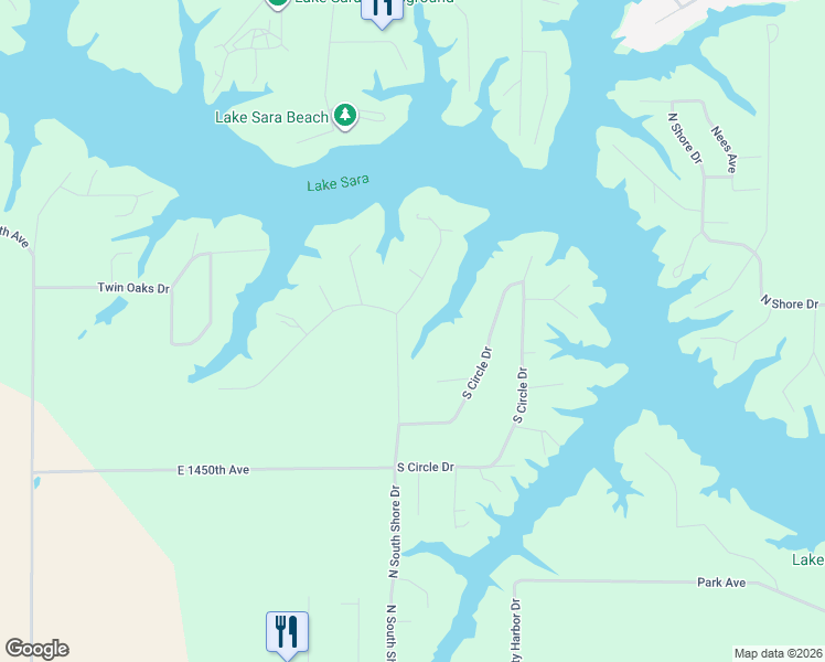 map of restaurants, bars, coffee shops, grocery stores, and more near 14796 North South Shore Drive in Effingham
