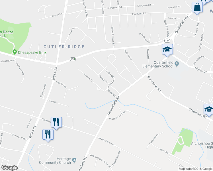 map of restaurants, bars, coffee shops, grocery stores, and more near 803 Danza Road in Severn