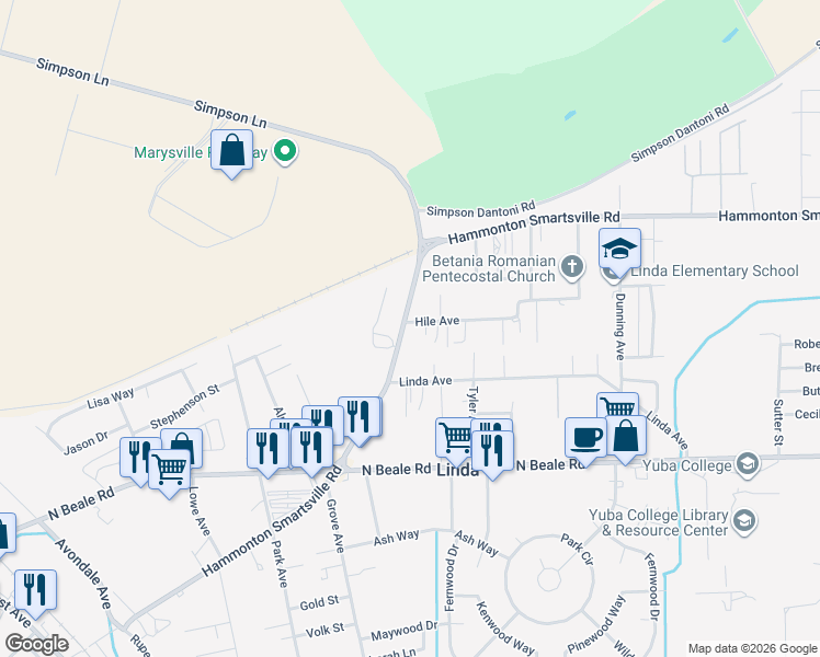 map of restaurants, bars, coffee shops, grocery stores, and more near 1752 Hammonton Smartsville Road in Marysville