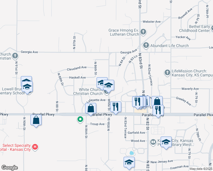 map of restaurants, bars, coffee shops, grocery stores, and more near 2300 North 85th Street in Kansas City
