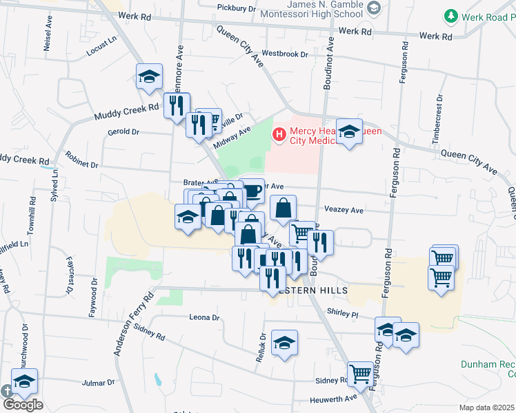 map of restaurants, bars, coffee shops, grocery stores, and more near 3173 West Tower Lane in Cincinnati