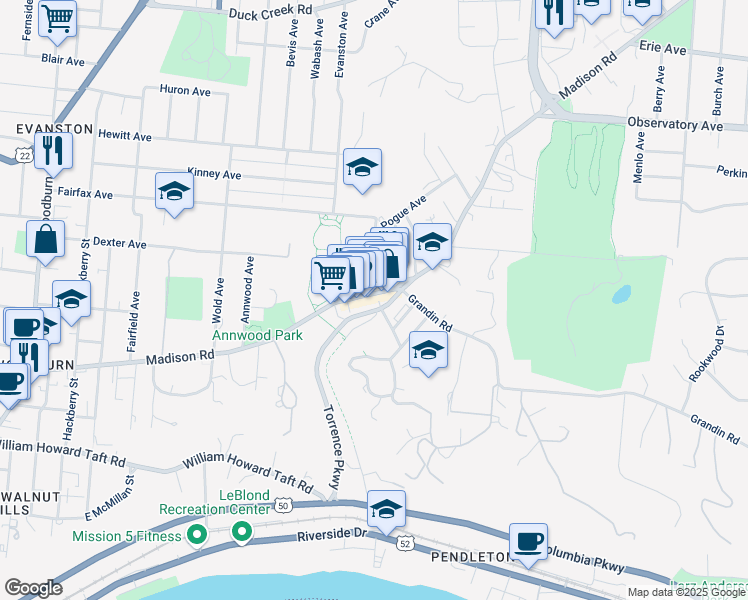 map of restaurants, bars, coffee shops, grocery stores, and more near 2025 Madison Road in Cincinnati