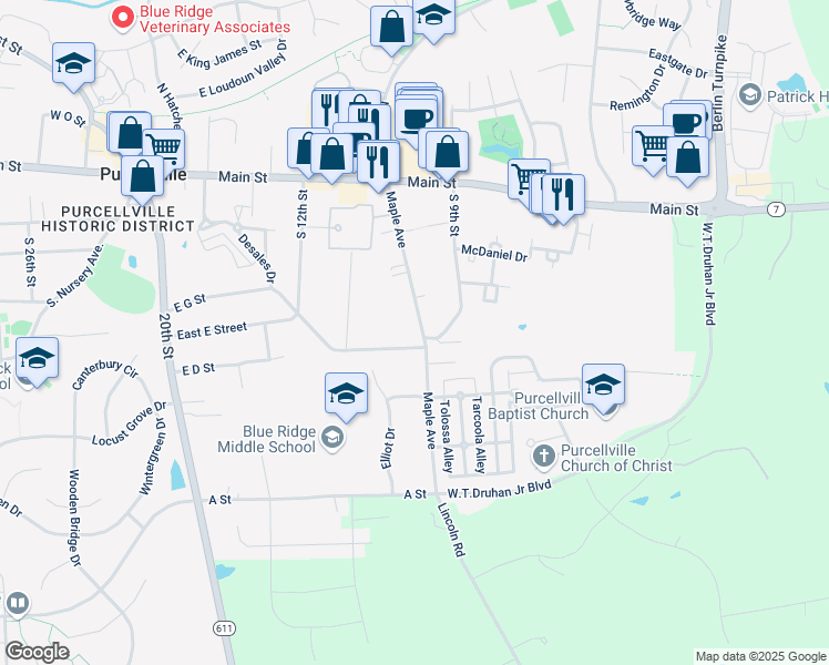 map of restaurants, bars, coffee shops, grocery stores, and more near 511 South Maple Avenue in Purcellville