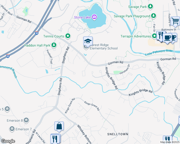 map of restaurants, bars, coffee shops, grocery stores, and more near 9671 Horsham Drive in Laurel