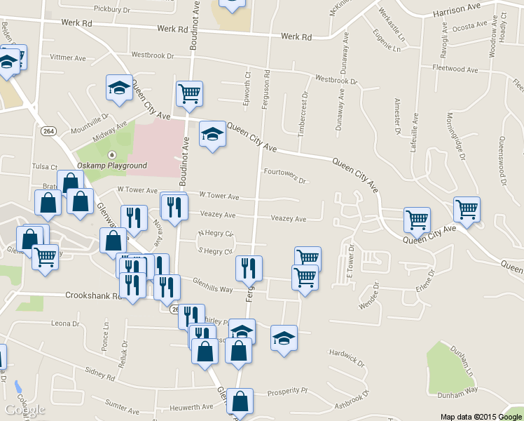 map of restaurants, bars, coffee shops, grocery stores, and more near 2474 Ferguson Road in Cincinnati