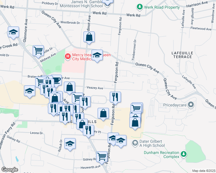 map of restaurants, bars, coffee shops, grocery stores, and more near 3020 Veazey Avenue in Cincinnati