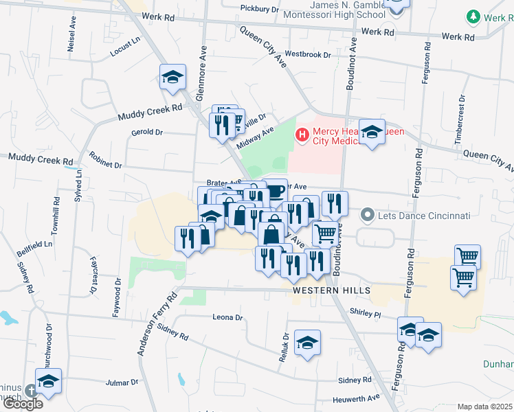 map of restaurants, bars, coffee shops, grocery stores, and more near 5579 Glenway Avenue in Cincinnati