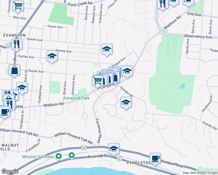 map of restaurants, bars, coffee shops, grocery stores, and more near 2025 Madison Road in Cincinnati