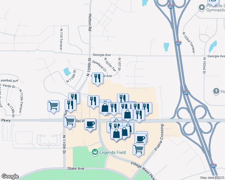 map of restaurants, bars, coffee shops, grocery stores, and more near 10730 Parallel Parkway in Kansas City