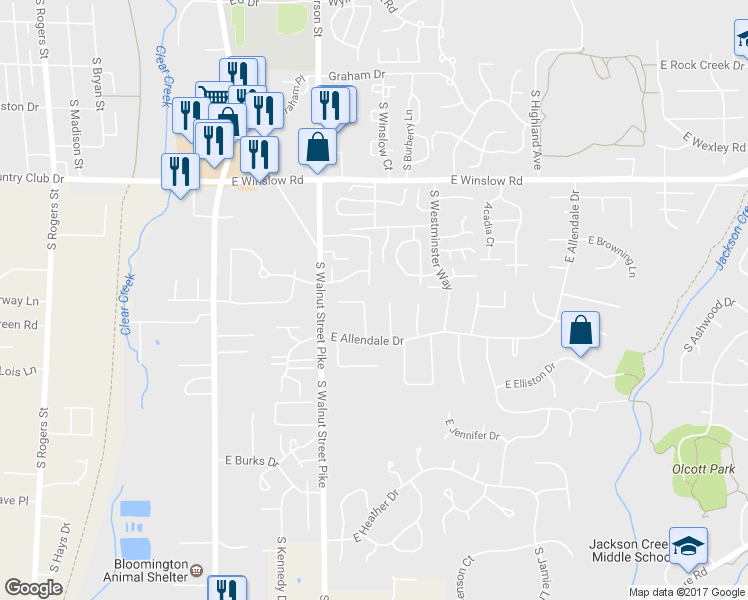 map of restaurants, bars, coffee shops, grocery stores, and more near 3505 Wellington Drive in Bloomington