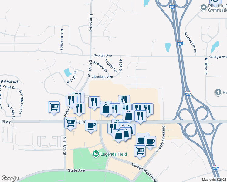 map of restaurants, bars, coffee shops, grocery stores, and more near 10730 Parallel Parkway in Kansas City