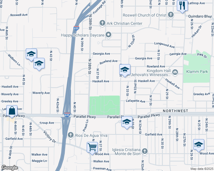 map of restaurants, bars, coffee shops, grocery stores, and more near 2307 North 36th Street in Kansas City