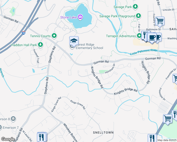 map of restaurants, bars, coffee shops, grocery stores, and more near 9608 Hadleigh Court in Laurel