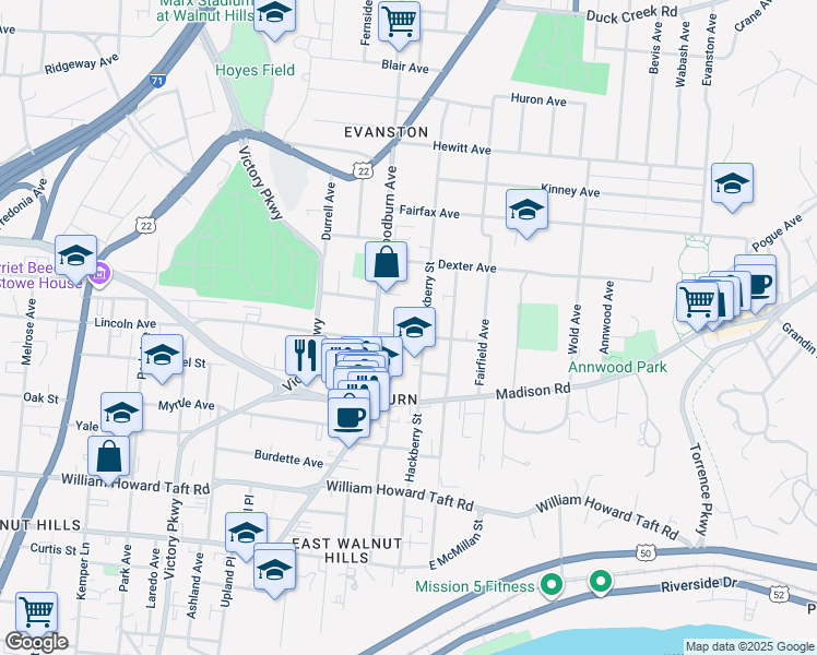 map of restaurants, bars, coffee shops, grocery stores, and more near 1622 De Sales Lane in Cincinnati
