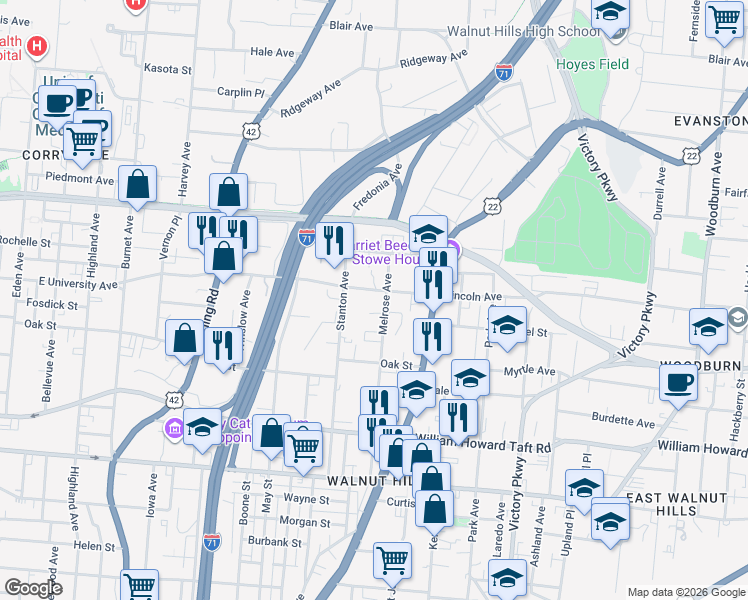map of restaurants, bars, coffee shops, grocery stores, and more near 827 Lincoln Avenue in Cincinnati