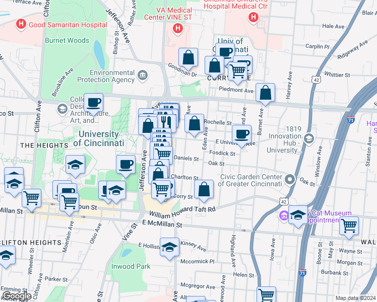 map of restaurants, bars, coffee shops, grocery stores, and more near 2810 Euclid Avenue in Cincinnati