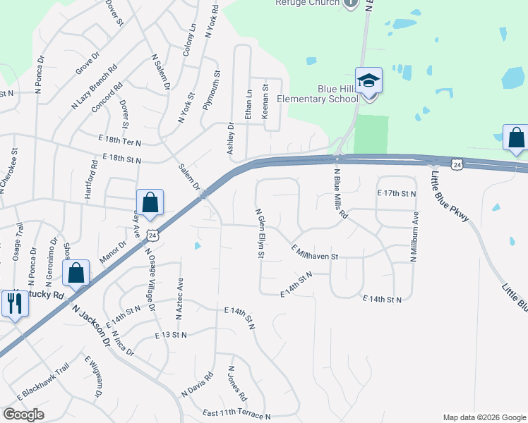 map of restaurants, bars, coffee shops, grocery stores, and more near 1612 North Glen Ellyn Street in Independence