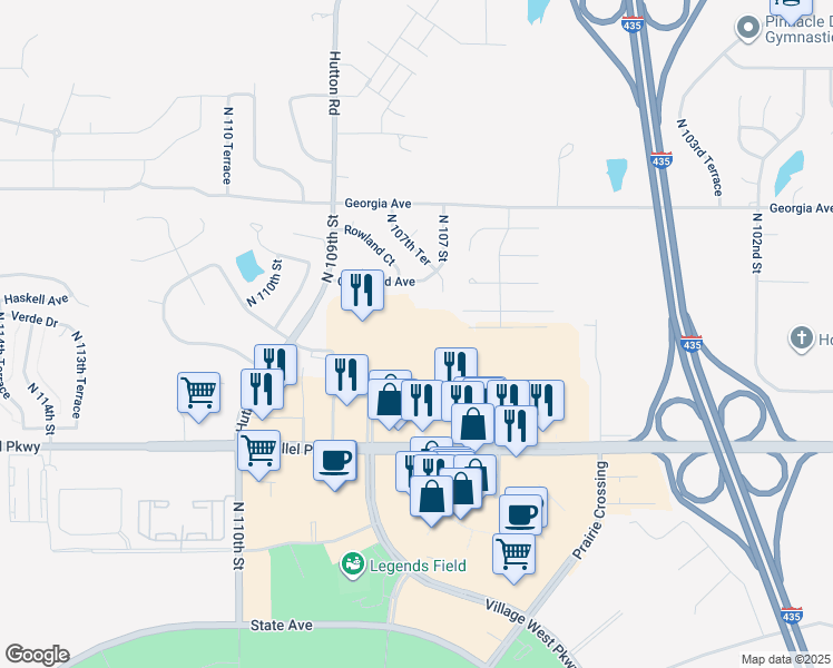 map of restaurants, bars, coffee shops, grocery stores, and more near 10730 Parallel Pkwy in Kansas City