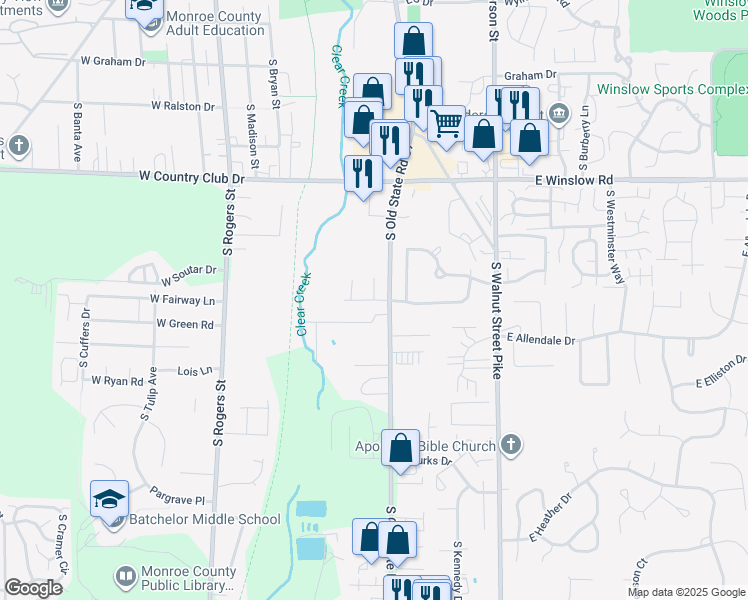 map of restaurants, bars, coffee shops, grocery stores, and more near 102 Hoosier Street in Bloomington