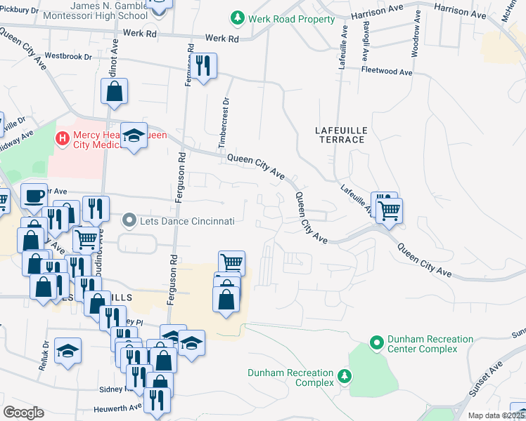 map of restaurants, bars, coffee shops, grocery stores, and more near 2707 East Tower Drive in Cincinnati