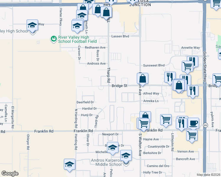 map of restaurants, bars, coffee shops, grocery stores, and more near 591 Tharp Road in Yuba City