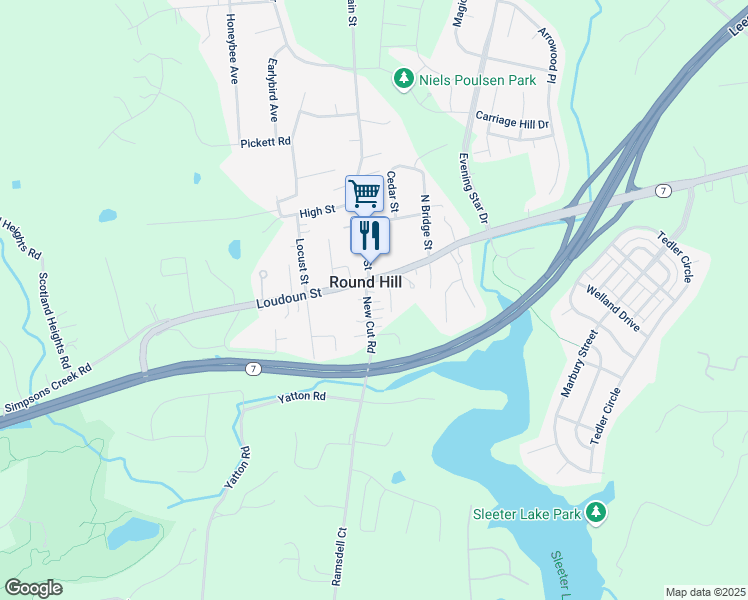 map of restaurants, bars, coffee shops, grocery stores, and more near 3 New Cut Road in Round Hill