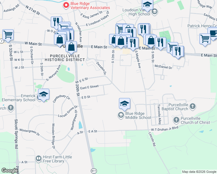 map of restaurants, bars, coffee shops, grocery stores, and more near 440 East E Street in Purcellville