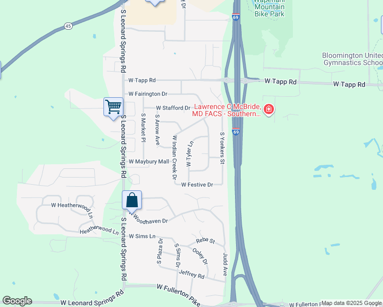 map of restaurants, bars, coffee shops, grocery stores, and more near 3711 West Tyler Lane in Bloomington