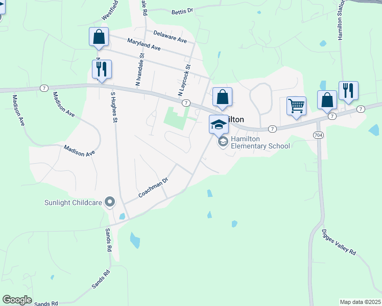 map of restaurants, bars, coffee shops, grocery stores, and more near 79 South Rogers Street in Hamilton