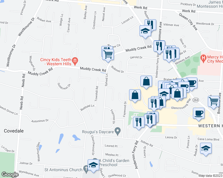 map of restaurants, bars, coffee shops, grocery stores, and more near 2259 Fayhill Drive in Cincinnati