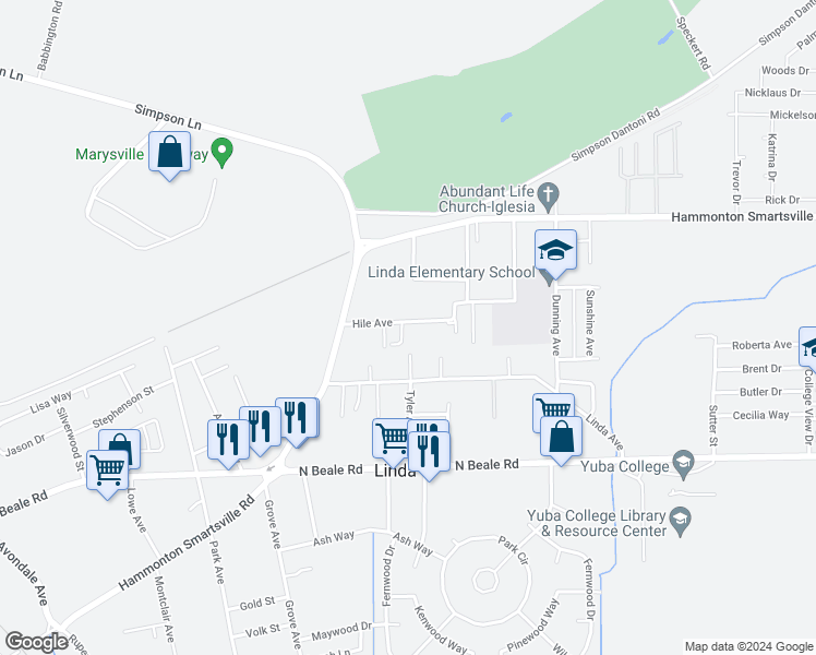 map of restaurants, bars, coffee shops, grocery stores, and more near 1822 Hile Avenue in Linda