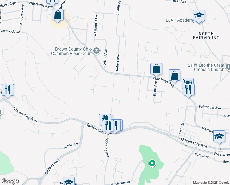 map of restaurants, bars, coffee shops, grocery stores, and more near 2518 Homestead Place in Cincinnati