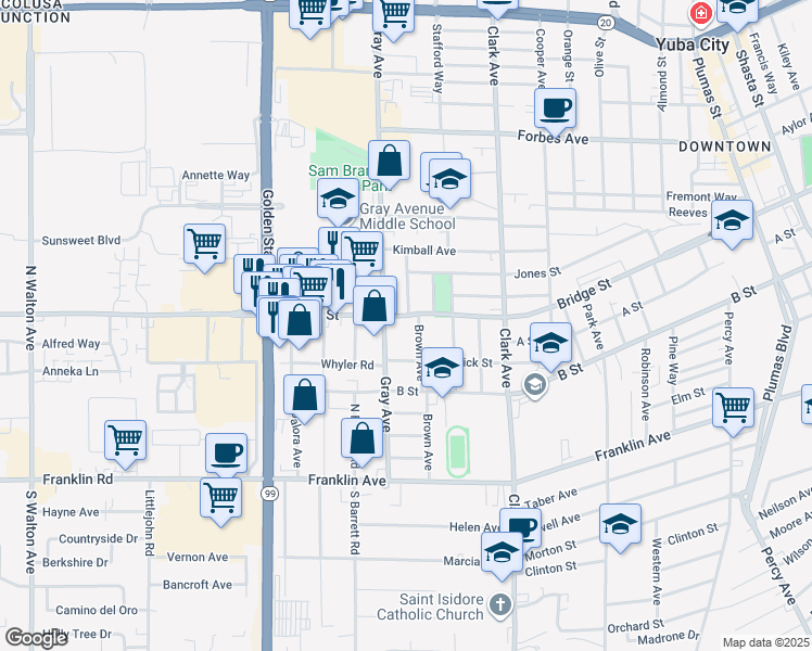 map of restaurants, bars, coffee shops, grocery stores, and more near 1008 Bridge Street in Yuba City