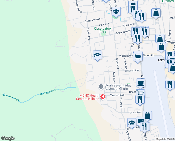 map of restaurants, bars, coffee shops, grocery stores, and more near 528 Doolan Canyon Drive in Ukiah