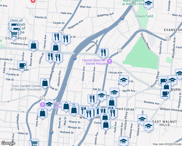 map of restaurants, bars, coffee shops, grocery stores, and more near 827 Lincoln Avenue in Cincinnati