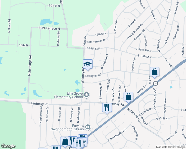 map of restaurants, bars, coffee shops, grocery stores, and more near 18106 Lexington Road in Independence